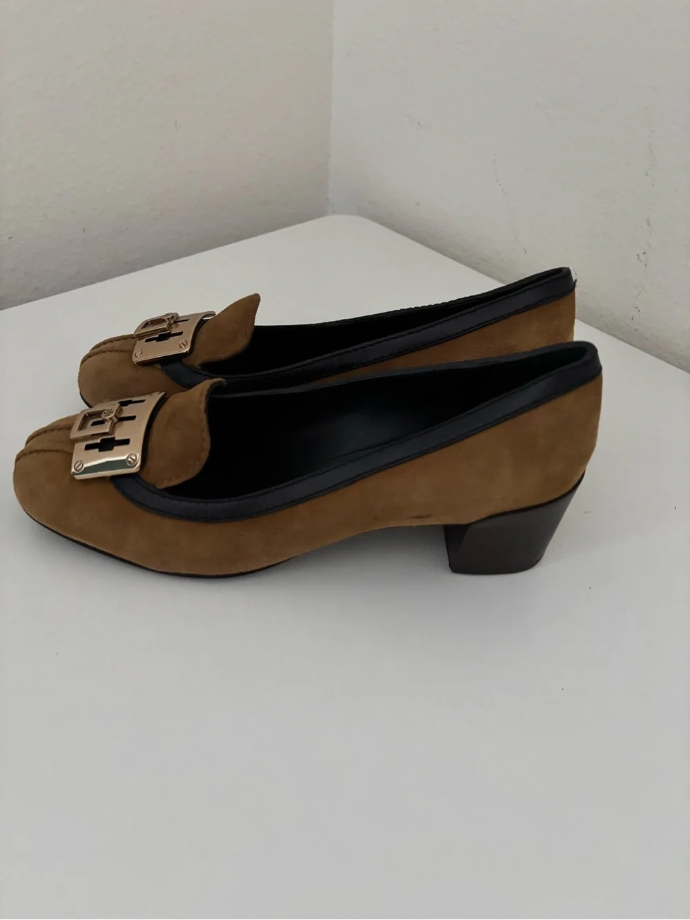Tory Burch Brown Suede Flats with Gold Tone Buckle